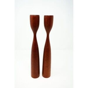 VTG pair MCM teak wood taper candlesticks scandinavian mid-century 12" tulip